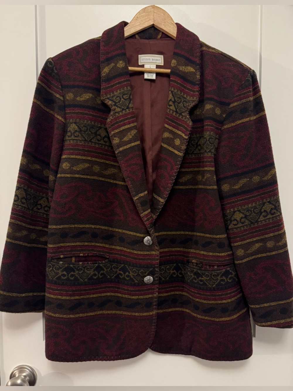 Studio Works Maroon Patterned Blazer with Olive and Black Accents L